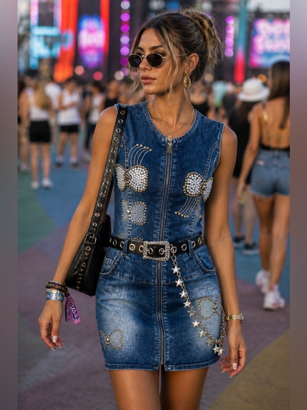 Y2k DENIM MINI DRESS EMBROIDERED BUTTERFLIES RHINESTONES MADE IN EUROPE